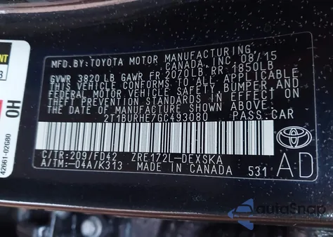 2016 Toyota Corolla S Plus from USA, damaged, VIN 2T1BURHE7GC493080